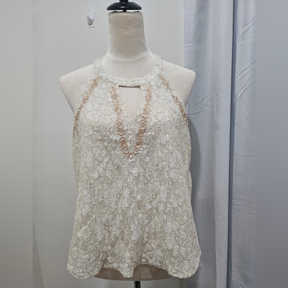 LUSH Ivory Lace Halter Top Large – Keyhole Embroidered Racerback Blouse